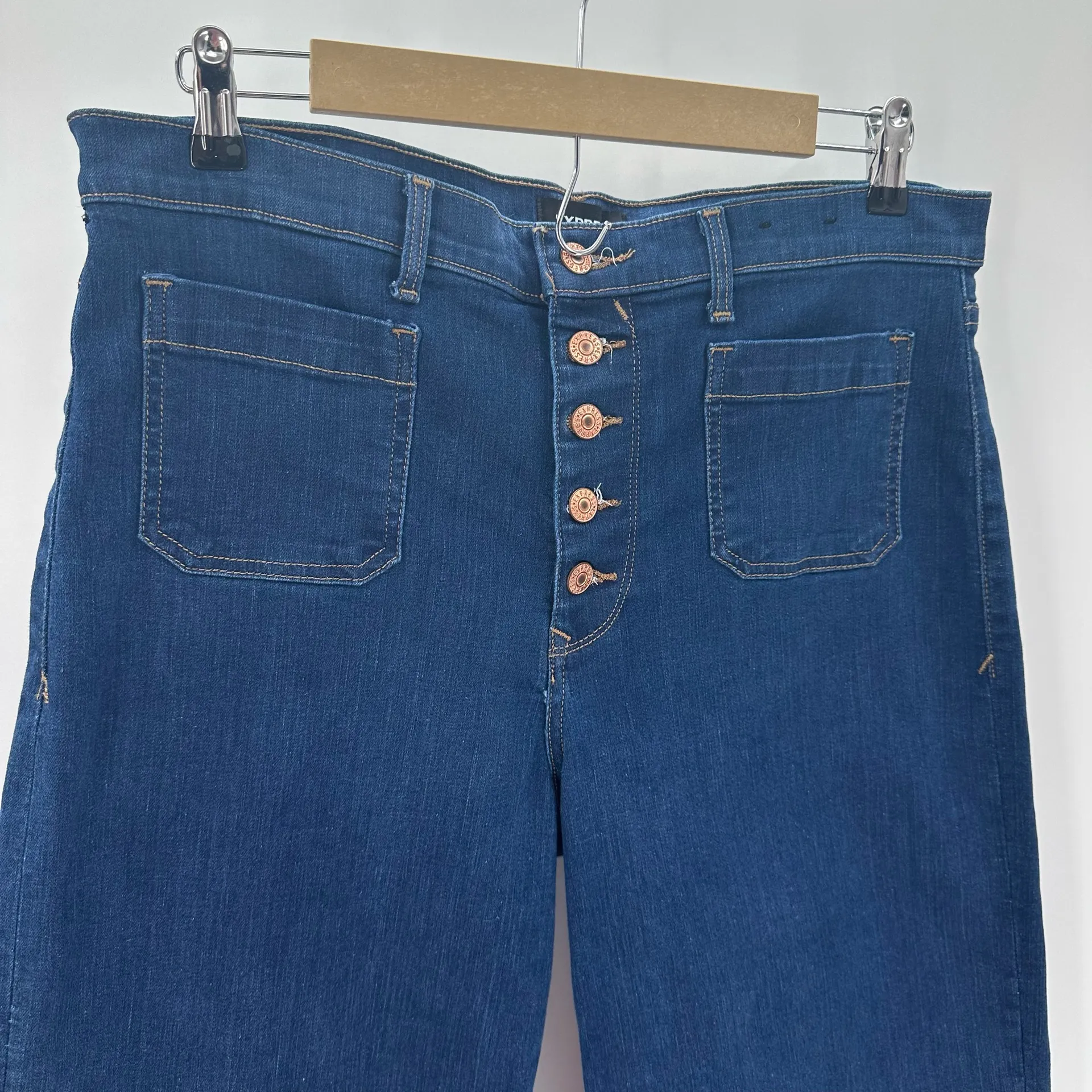 EXPRESS Jeans Cropped Wide Leg High Rise Womens 12 R Exposed Button Dark Blue  - Image 2