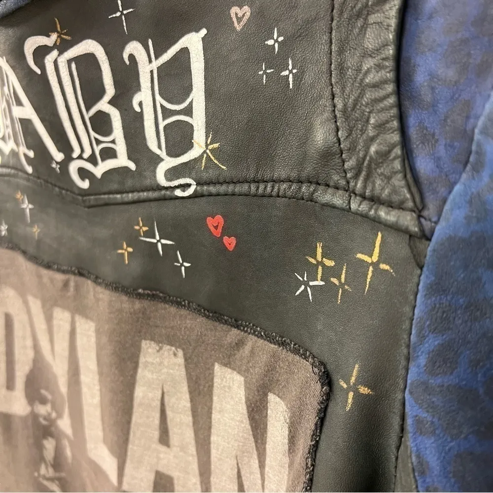 Doma Leather OOAK reworked moto Jacket, blu with animal print and back graphic S Black - Image 9