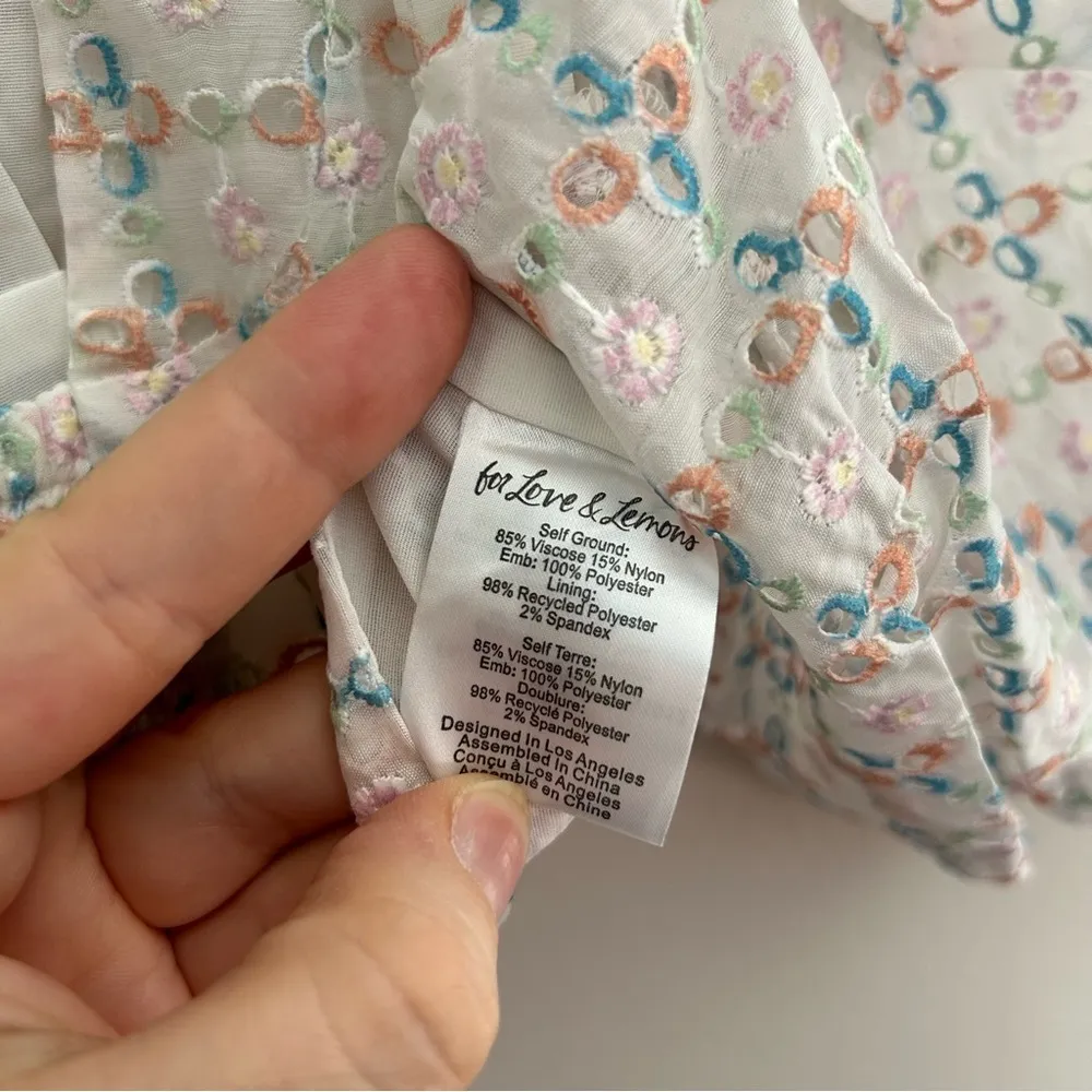 For Love & Lemons Crop Top Denise White Multicolor Eyelet Embroidery Puff Sleeve - Image 12