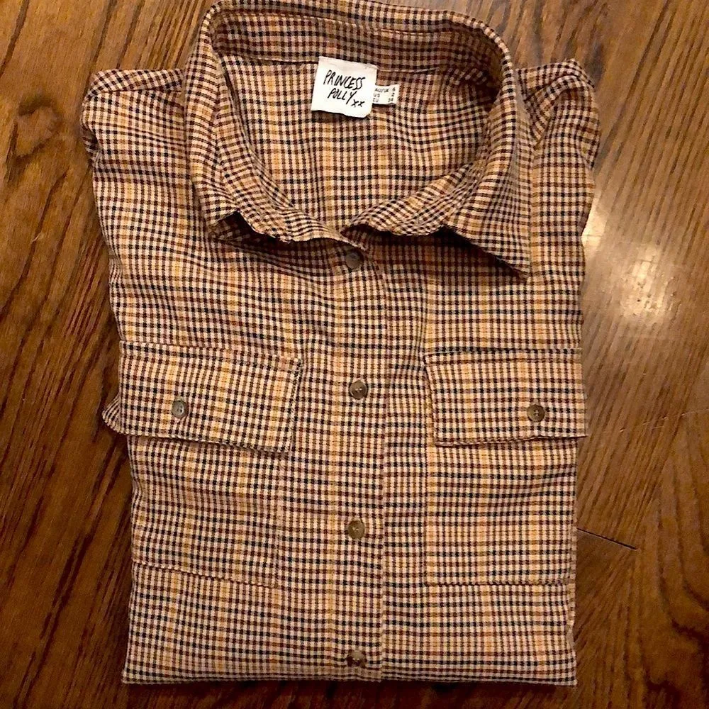 PRINCESS POLLY Women’s Brown Check Tailored Blouse Sz Small - Image 2