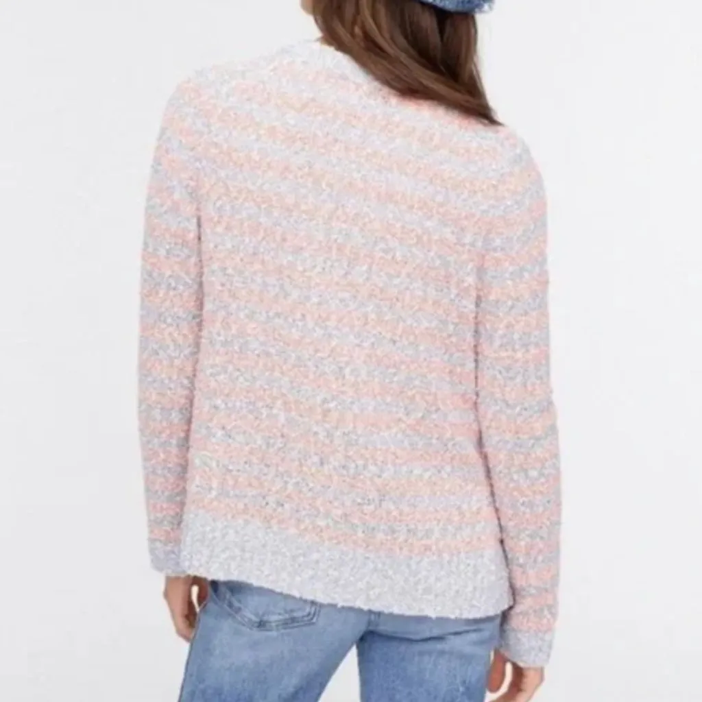 J. CREW Cardigan Sweater Tweed Stripe Blue Coral Pink / Orange Open Front Preppy - Image 3