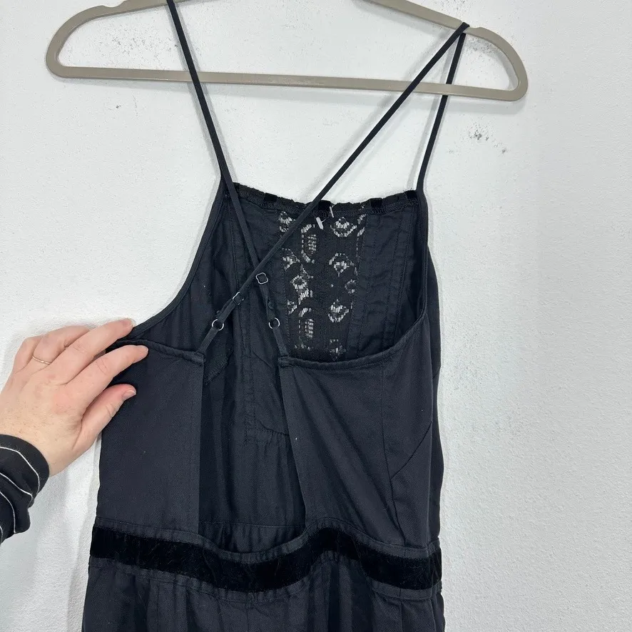 Free People Black Velvet Trim Lace Inset Wide Leg Jumpsuit Size 2 Boho Beach - Image 8