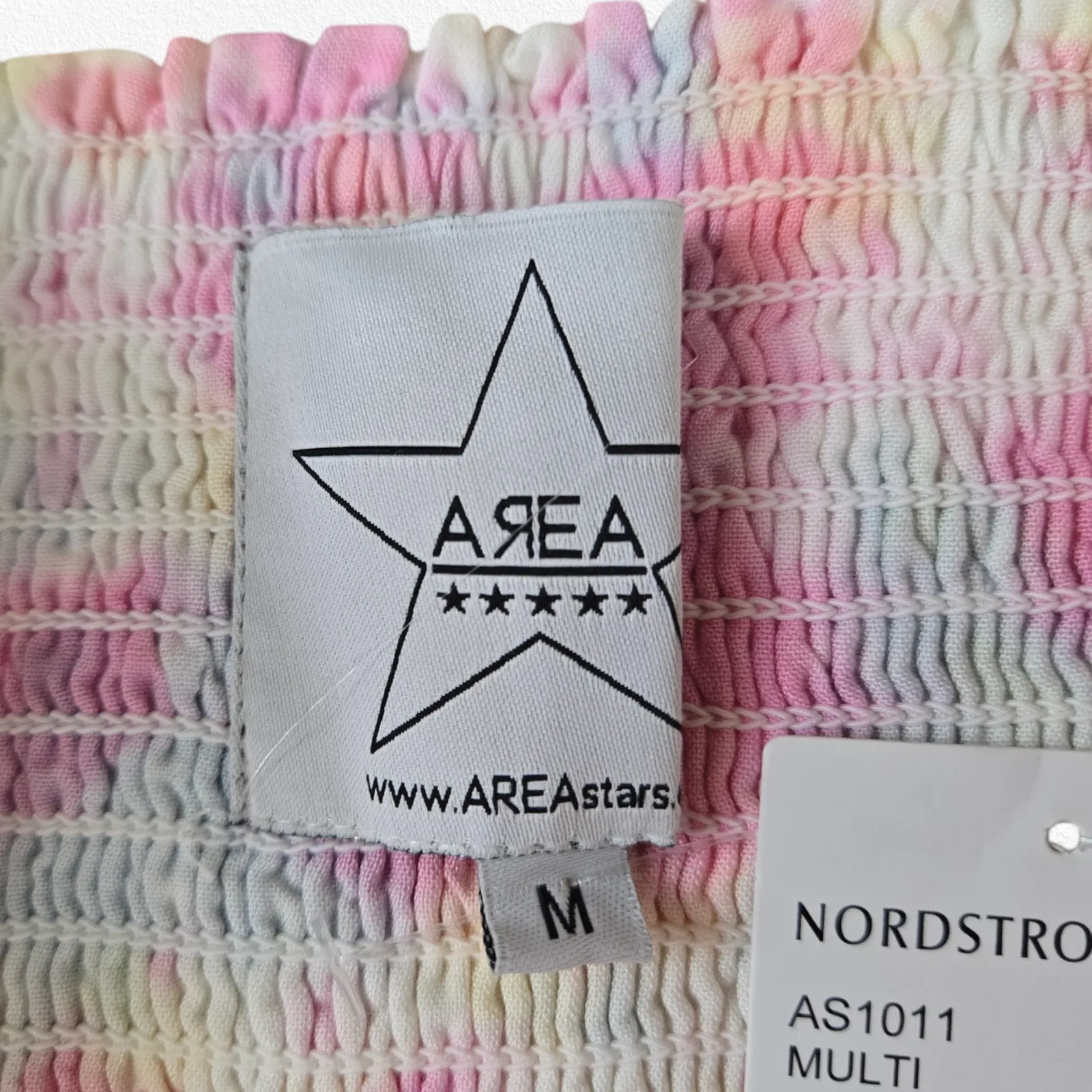 Pink White Tie Dye Smocked Off the Shoulder Area Stars Kaia Dress Size Medium - Image 12