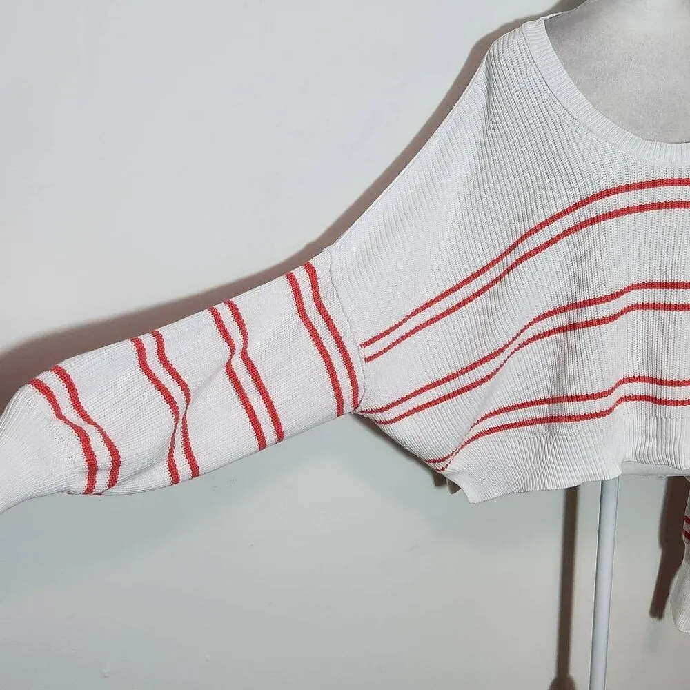Aerie Pink and White Stripe Oversized Cropped Knit Sweater Size Large - Image 5