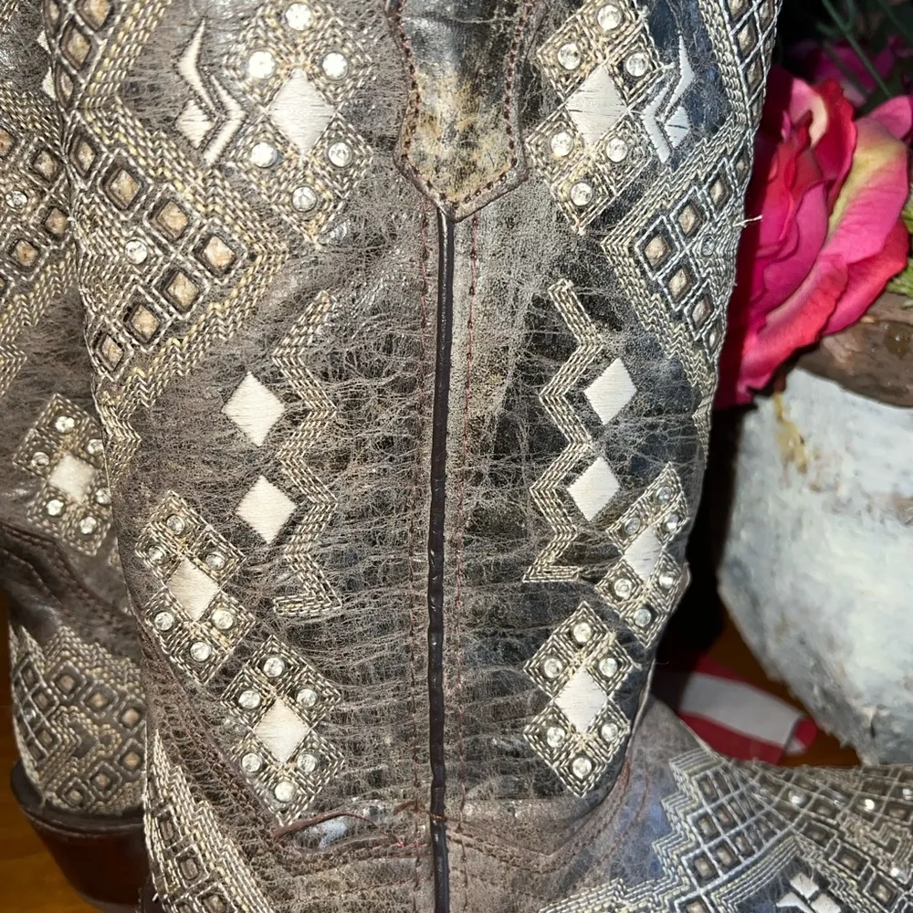 Distressed Brown Embroidered/Crystal   Western Boots  US6 MEX23 - Image 10