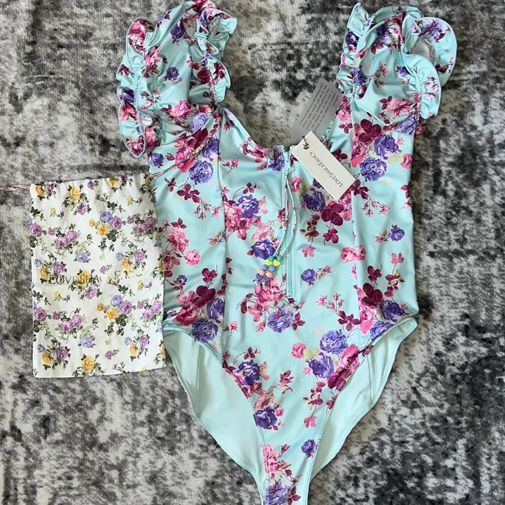 LoveShackFancy Fantasia One Piece Turquoise Skies Floral Ruffle Swimsuit Size L - Image 3