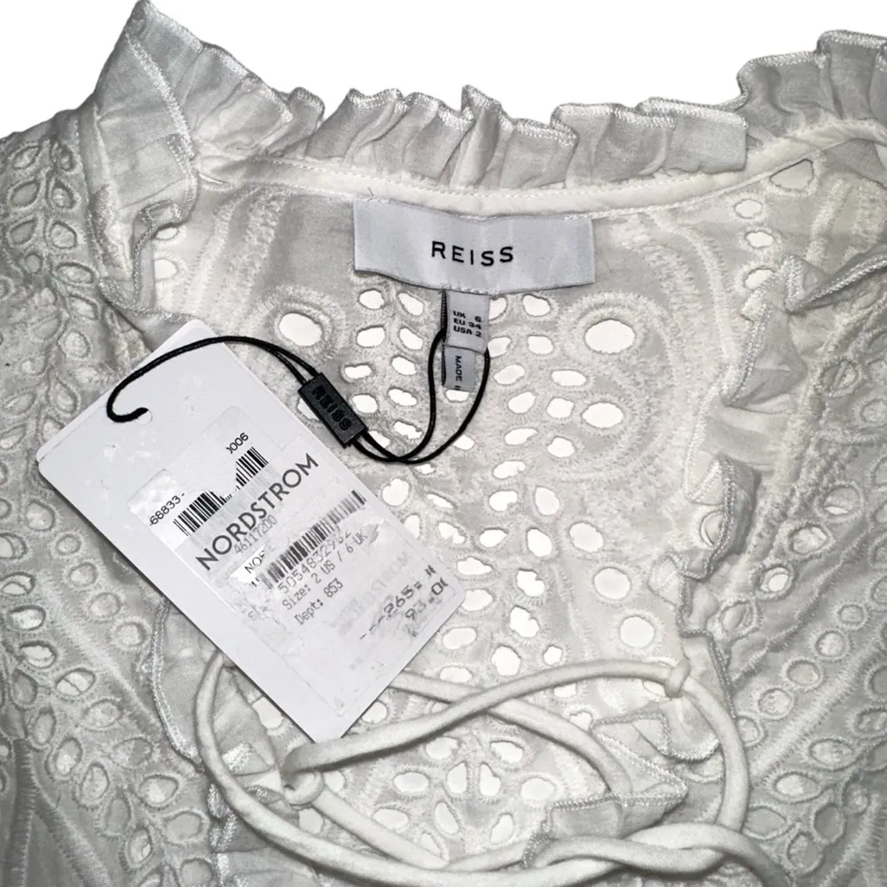 NWT Reiss Aubree Eyelet Short Sleeve Tie Neck White Top US 2 - Image 5