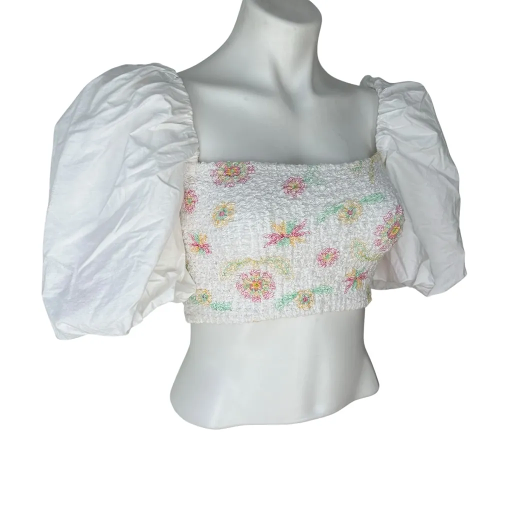 Zara Poplin White Floral Puff Sleeve Smocked Crop Top, Sz XS - Image 7
