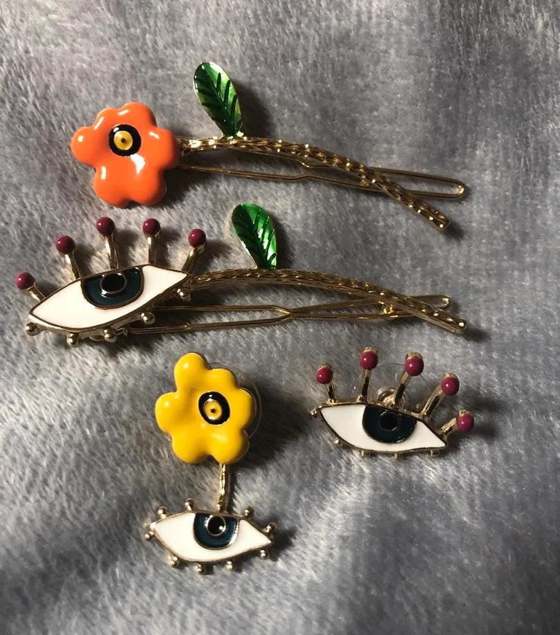 Flower / Eye Stud Earrings & Barrette Set - Image 2