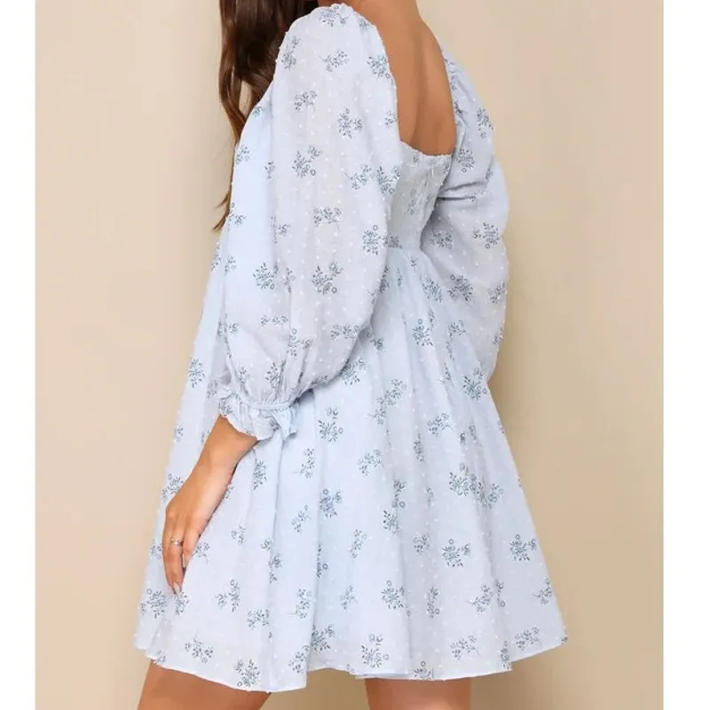 Lulus Always Charming Light Blue Floral Swiss Dot Babydoll Mini Dress Large - Image 7