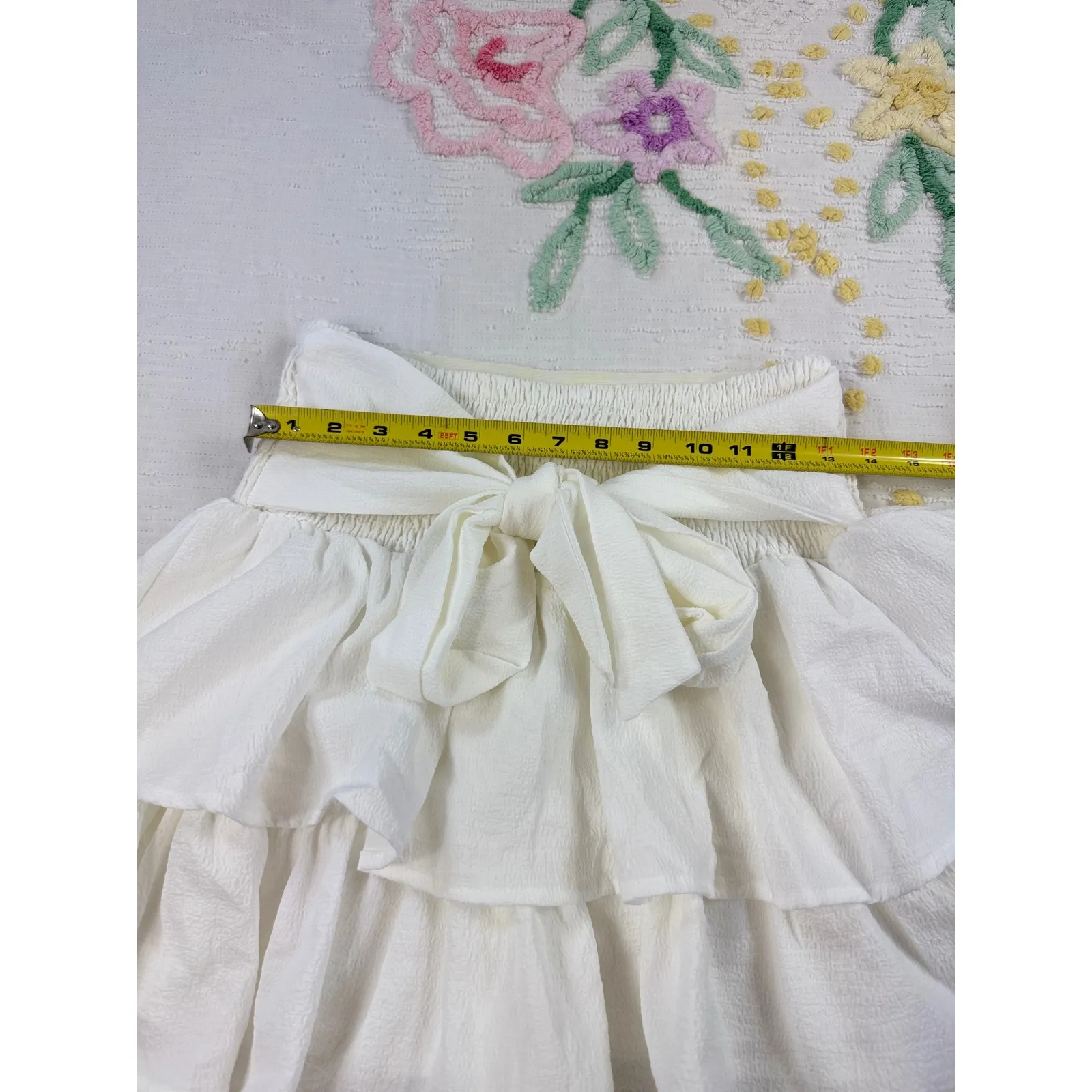 Shein White Ruffle Mini Skirt Smocked Waist Tie Bow Casual Party Cute s - Image 4