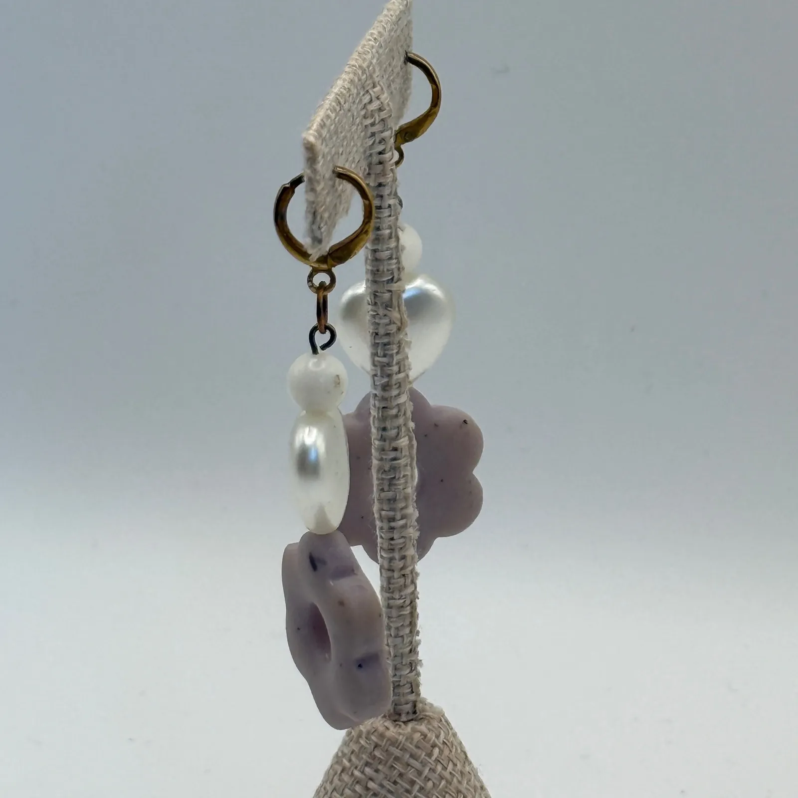 Dangle‎ Earrings Pearl Heart Flower Lavender Gold Tone Jewelry Purple - Image 3