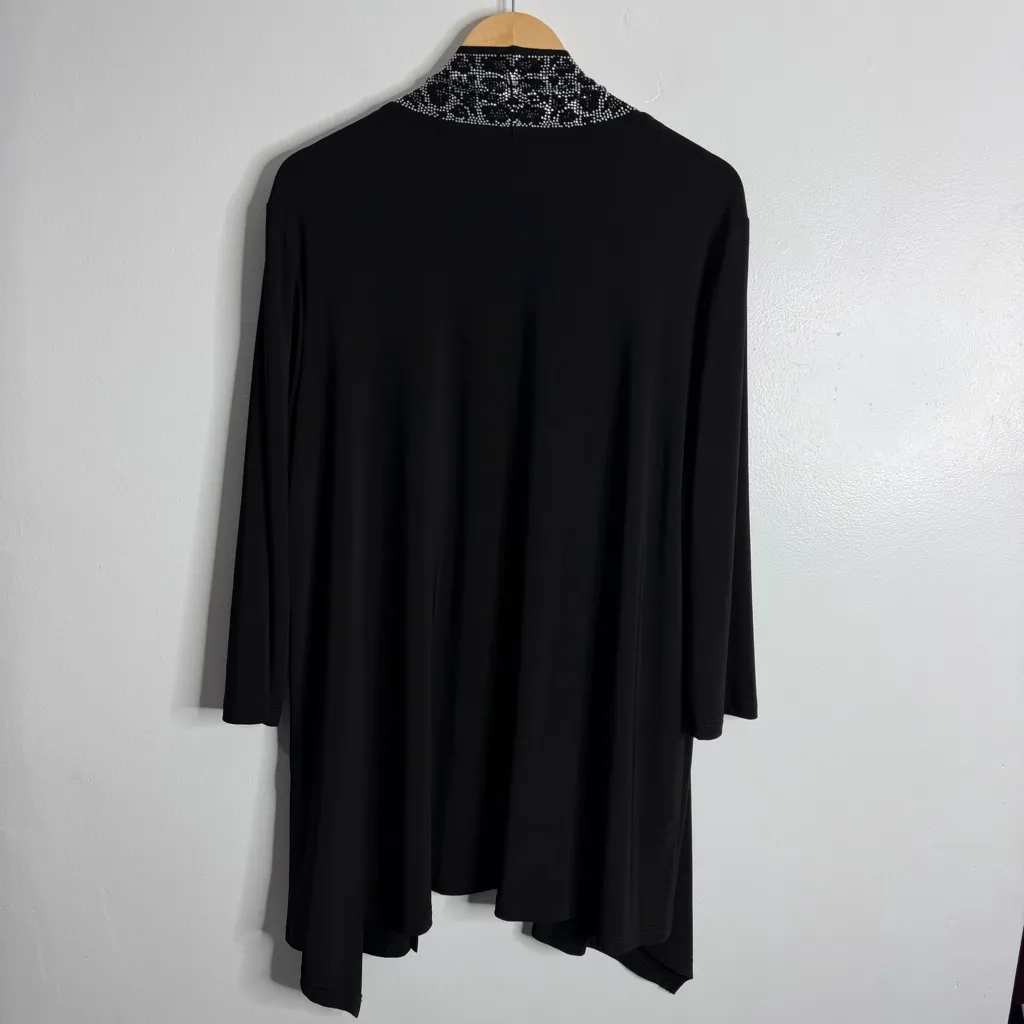 Joseph Ribkoff Black Open Front Cardigan Beaded Animal Print Trim Stretch Sz 14 - Image 3