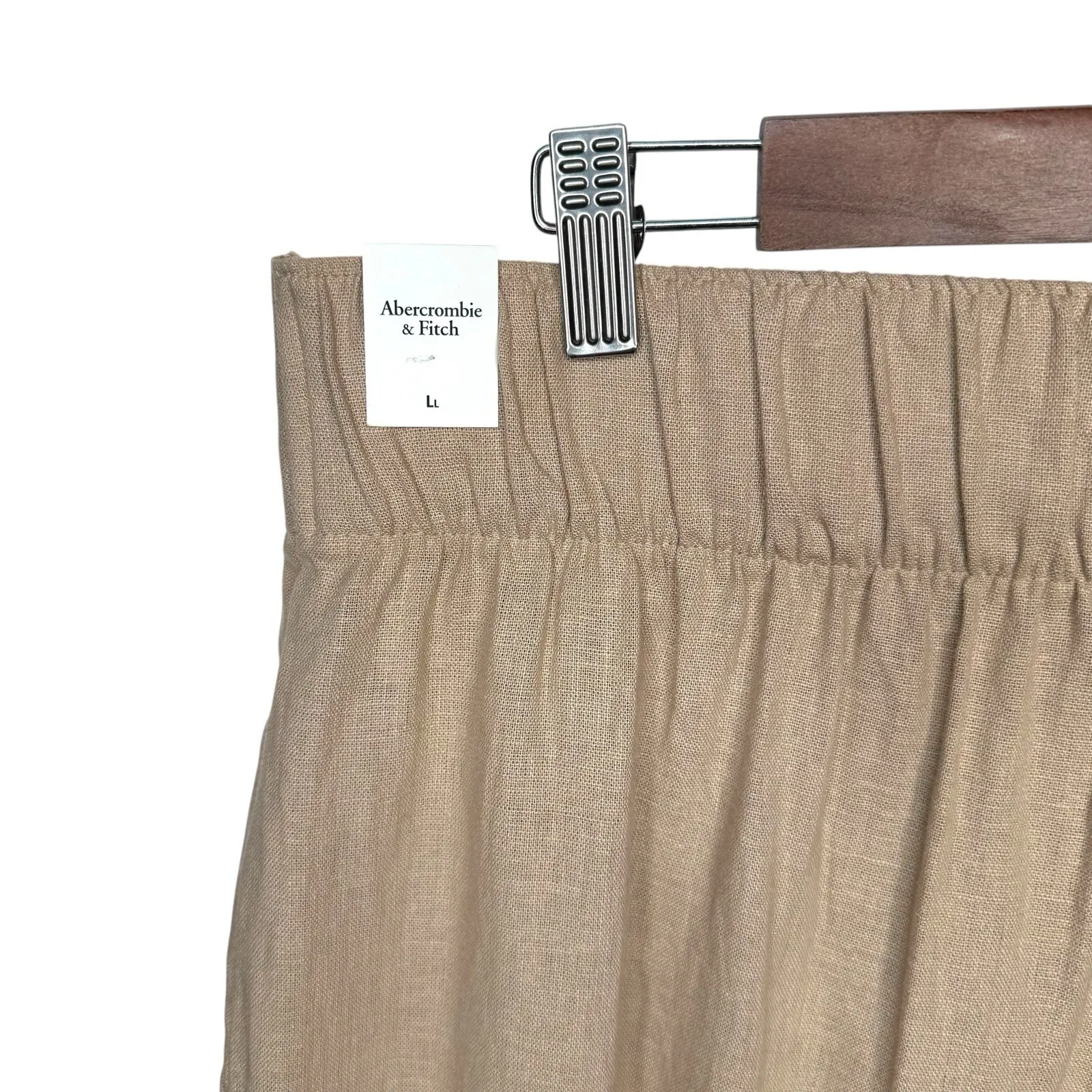 NWT Abercrombie & Fitch Linen Pleated Pull‎ On Wide Leg Trouser Pants L Long Tan - Image 6