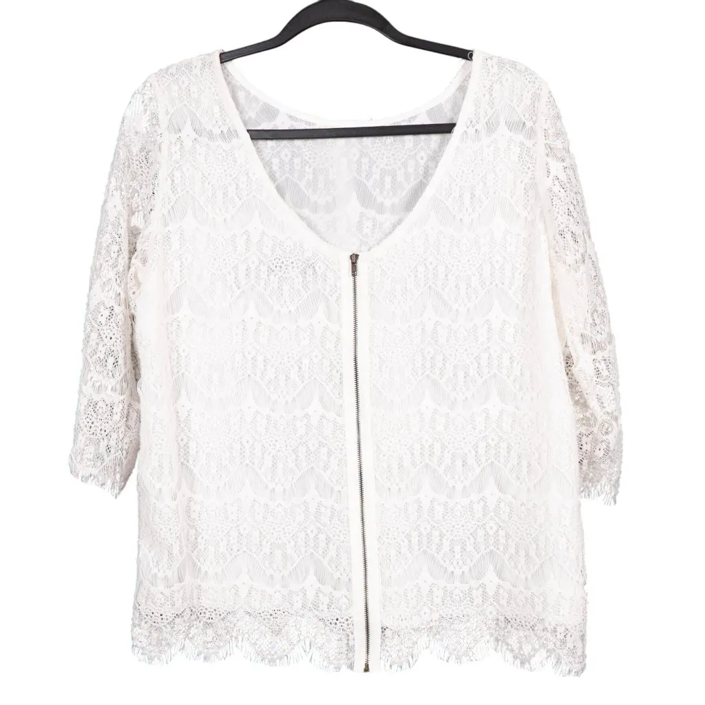 Lace Sheer Top L White 3/4 Sleeve Back Zipper Shirt Boho Hippie Delicate Blouse - Image 4