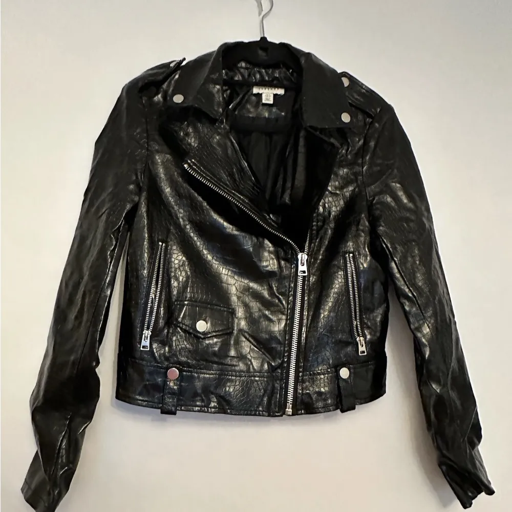 Topshop Black Faux Leather Shine Moto Jacket Croc Embossed Zip Biker US 4 Shiny - Image 5