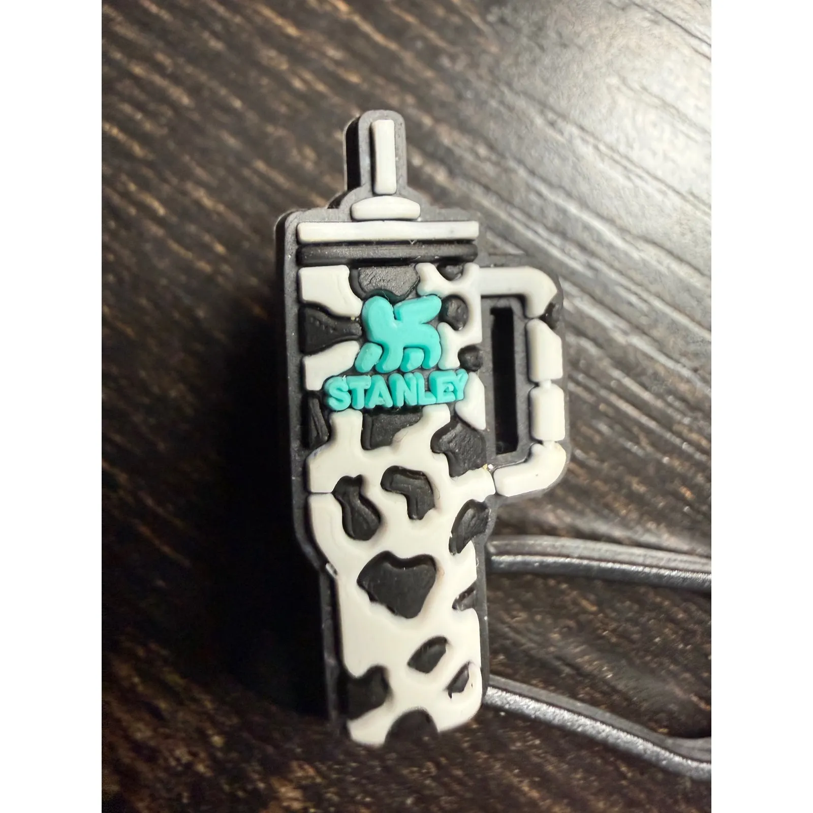 Stanley Tumbler Charm Cow Print Turquoise Blue Logo Keychain Accessory Black - Image 2