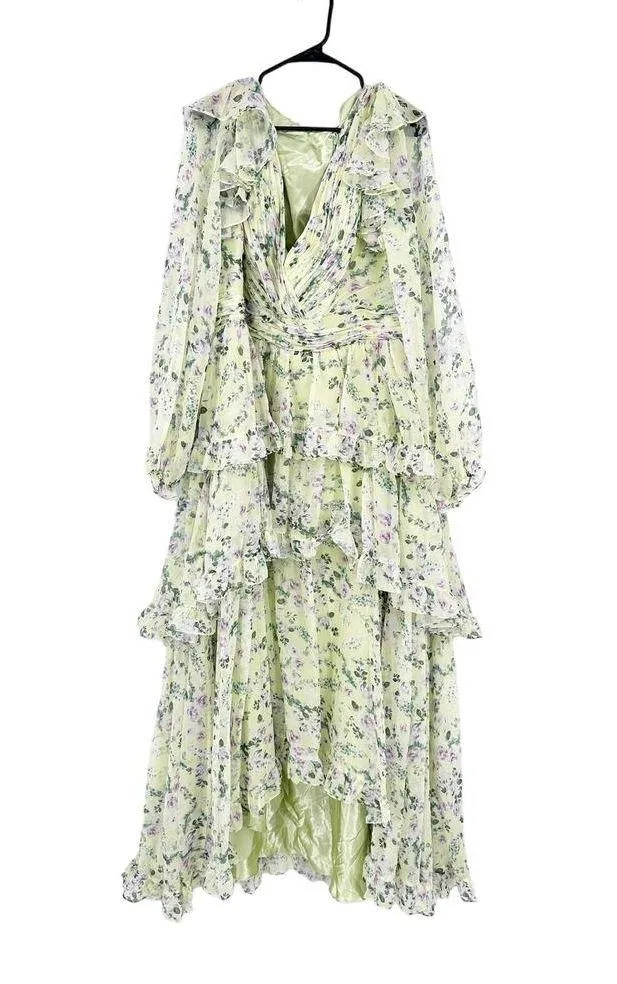 Mac Duggal Green Floral Chiffon Tiered Ruffle Puff Sleeve Gown Garden Party 18 - Image 2