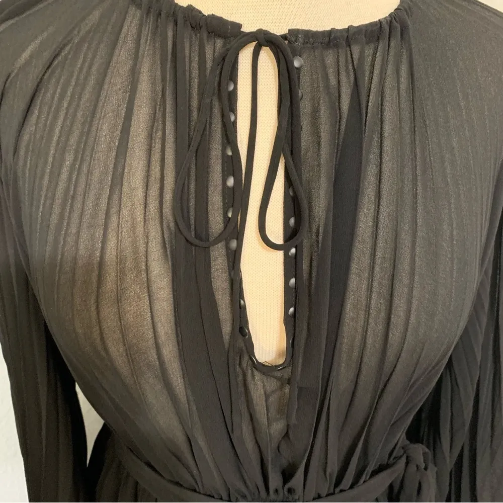 ZARA New Women Black Long Sleeve Pleated Short Round Neck Dress With Belt Size M - Image 5