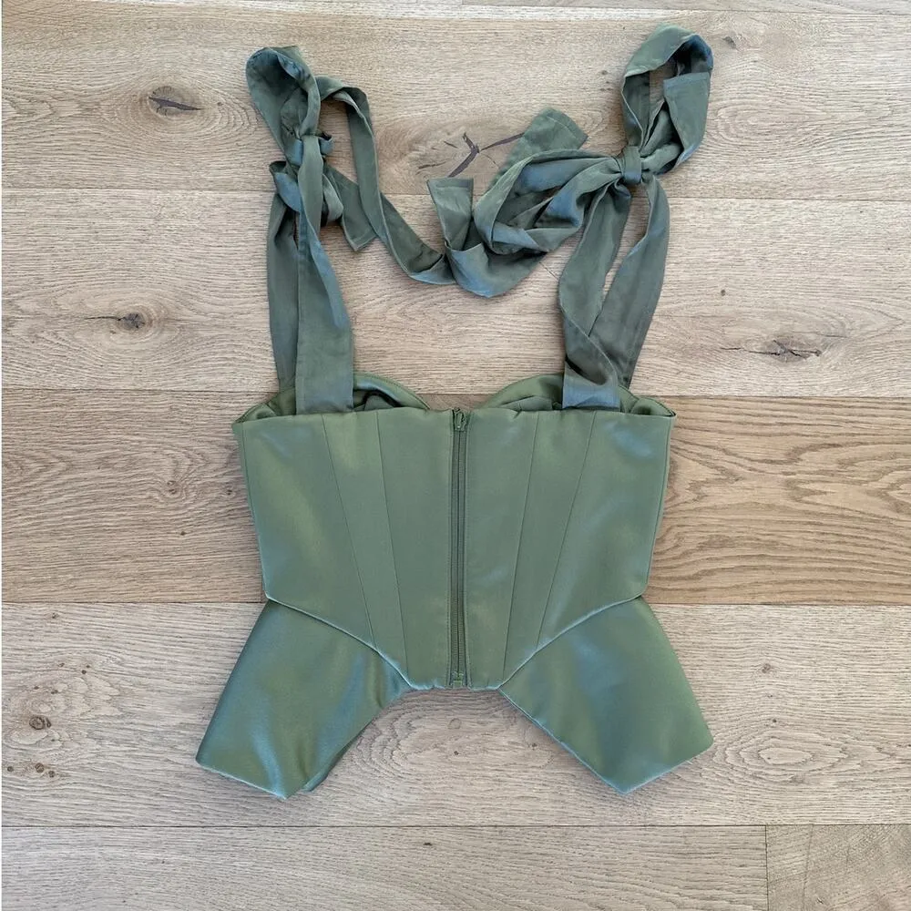 House Of CB  - Mya Satin Peplum Corset Top in Olive Green - Image 6