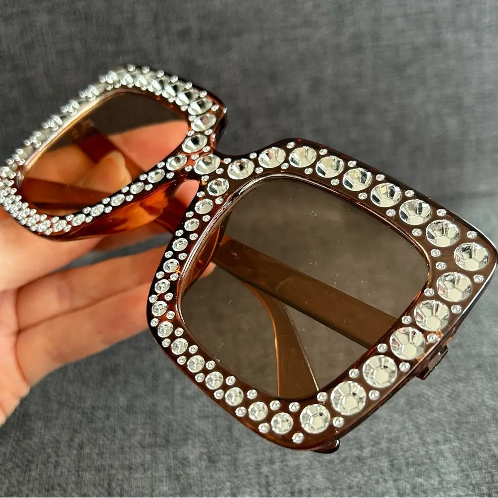 Sparkly, Fluted Rhinestone Rimmed Sunglasses, Brown, Silver Brown - Image 4