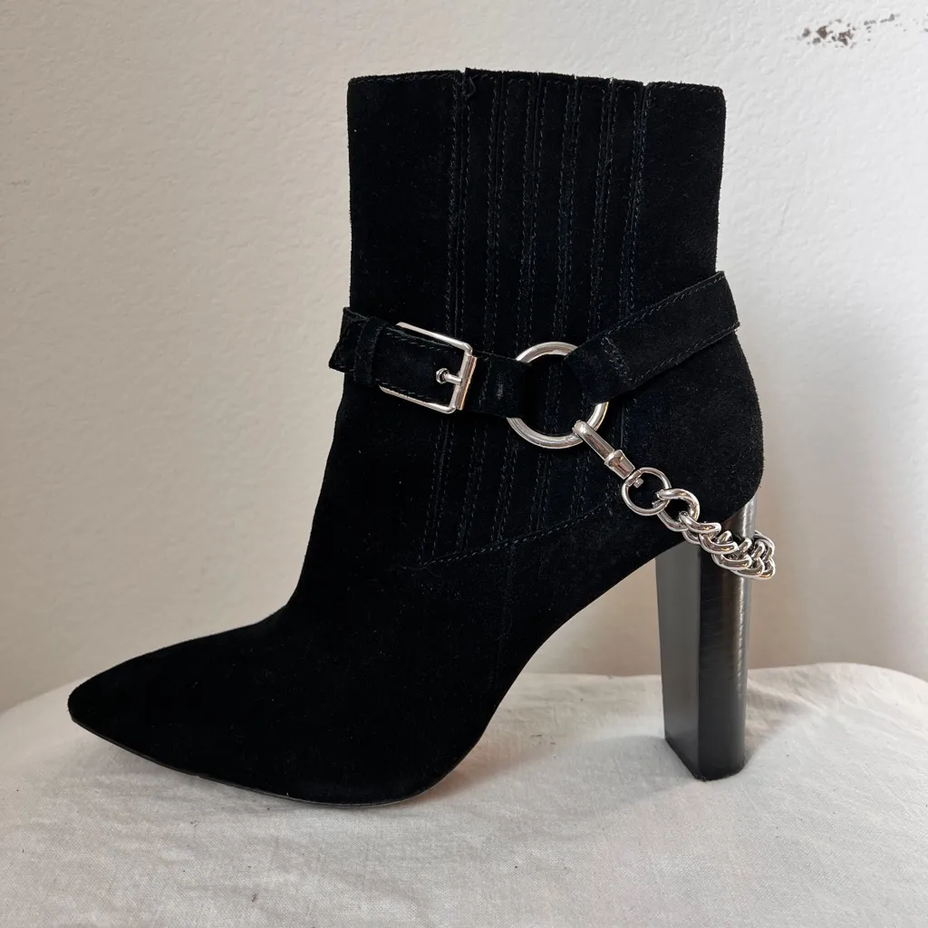 Paige London Black Suede Pointed Toe Heel Boots Chain Detail 9.5 - Image 4