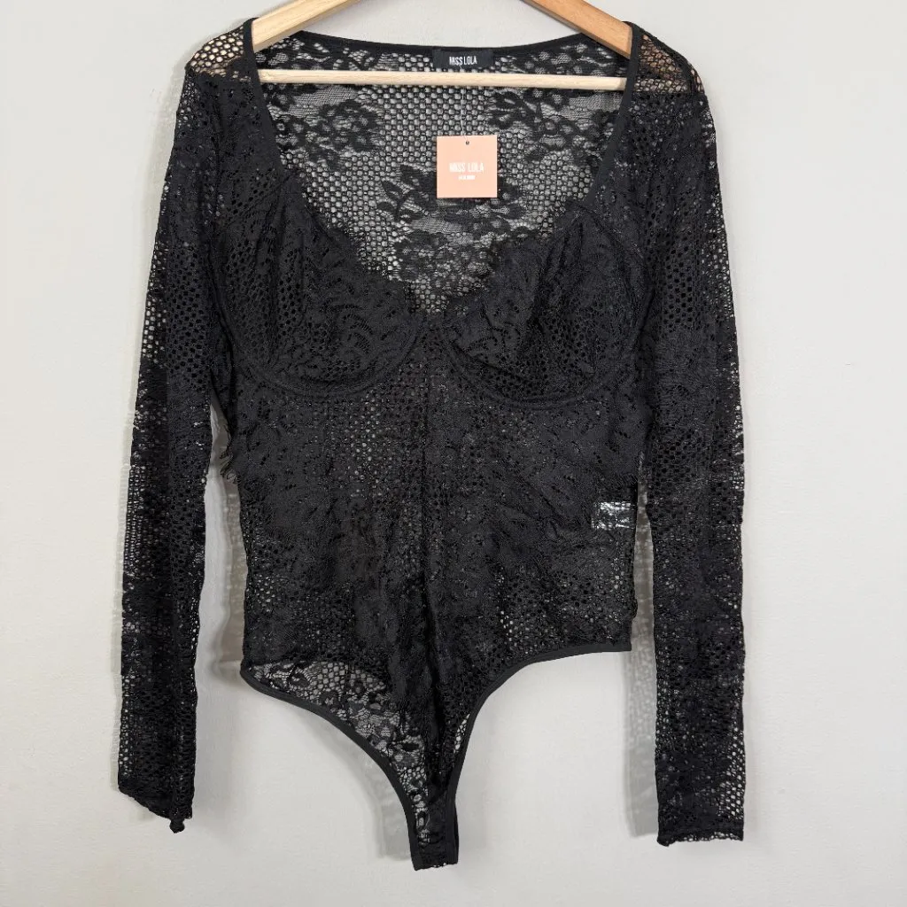 Miss Lola Long Sleeve Lace Sheer Bodysuit Women's 2XL Black Underwire Party NWT - Image 4