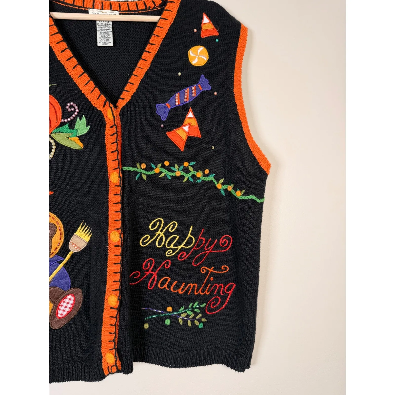 Vintage Halloween Bear Pumpkin Sweater‎ Vest Sz XL Orange Black "Happy Haunting" - Image 4