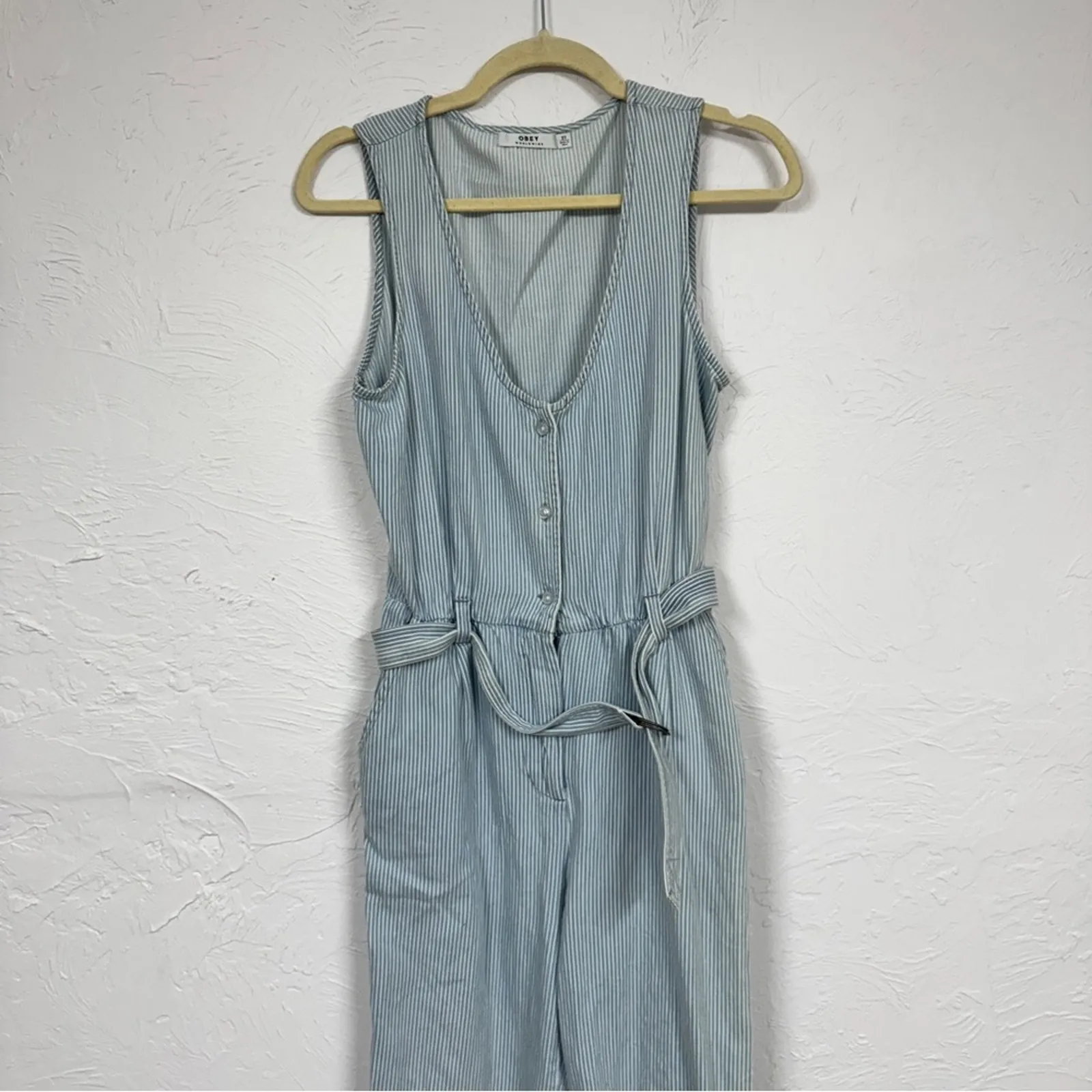 Obey Blue White Striped Sleeveless Jumpsuit Womens 27 Beachy Lightweight Casual - Image 3