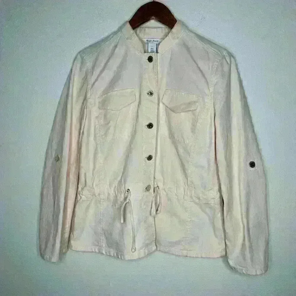 White House Black Market Lightweight Denim Jacket‎ Peach Sz 6 - Image 3