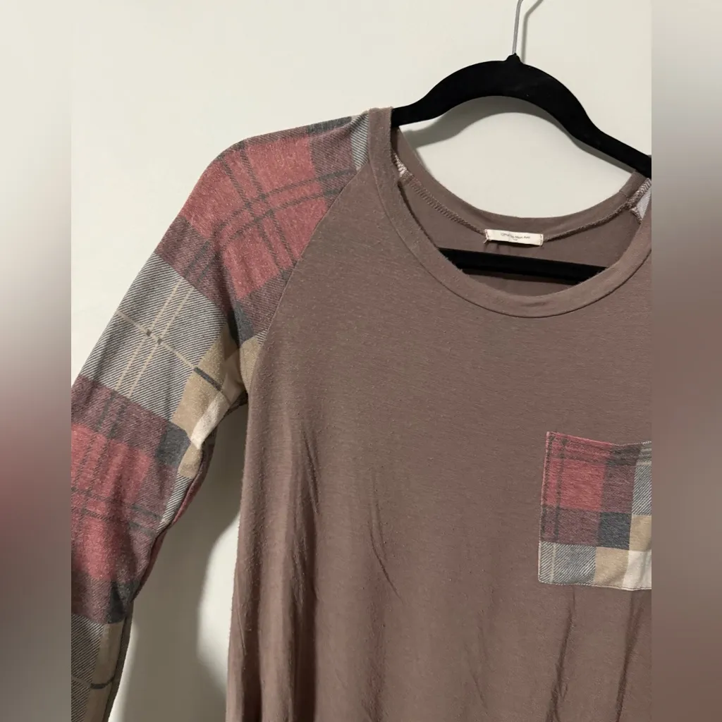 12PM by Mon Ami Long Sleeve Plaid Patterned Top Brown - Image 3