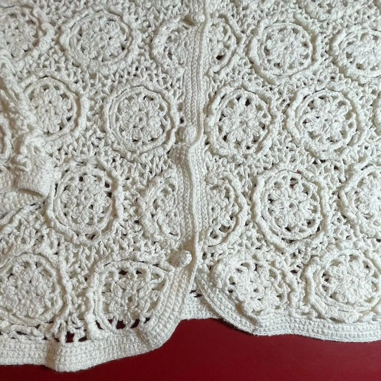 Moda Intl Crochet Button Front Cardigan Womens Med Ivory Medallion Vtg Y2k Retro - Image 5