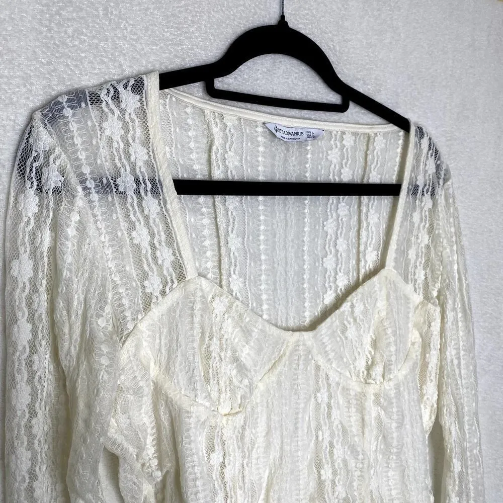 Stradivarius Floral Long Sleeve Sheer Sweetheart Lace Crop Top White Large Fairy - Image 2