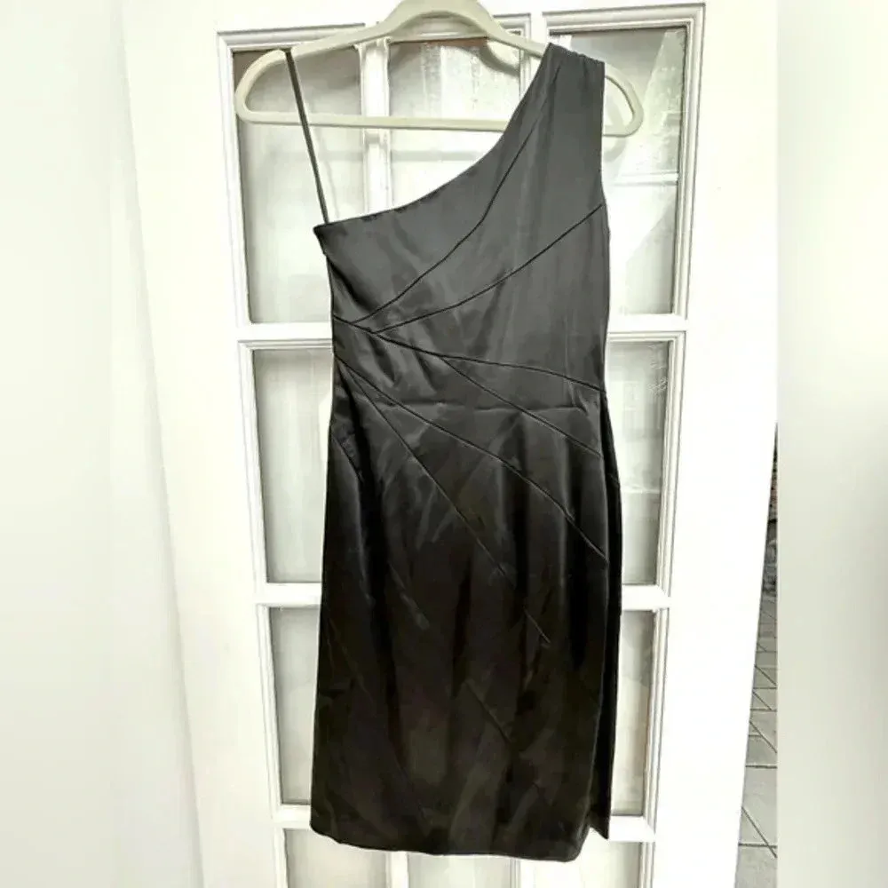 Calvin Klein Classic Black One Shoulder Satin Timeless Formal Party Dress Size 2 - Image 3