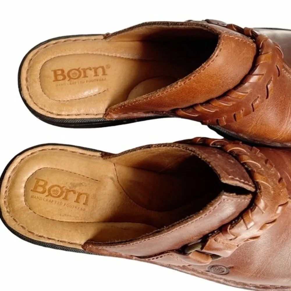 Born Mules Brown Leather Saddle Stich Braided Decorative Strap Women’s Size 7 - Image 7