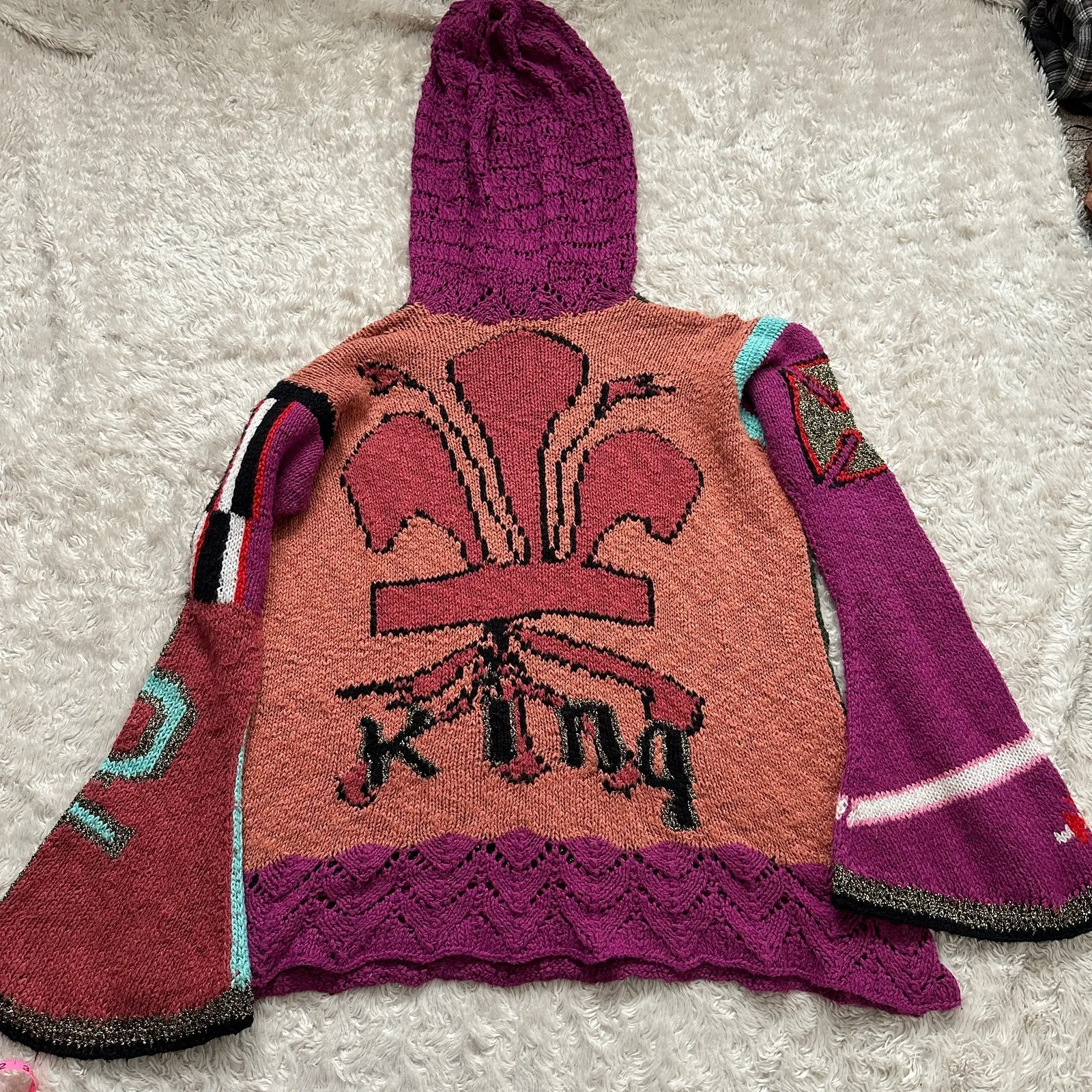 Handmade Madonna Knit Crochet Hooded Sweater Multicolor Bell Sleeve OSFM - Image 4