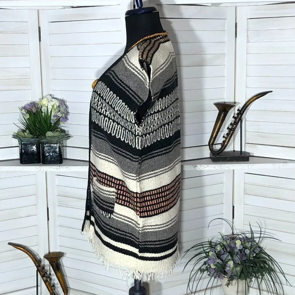 Vintage 70s Woven Fringe Blanket Poncho Vest Size M L Size L - Image 3