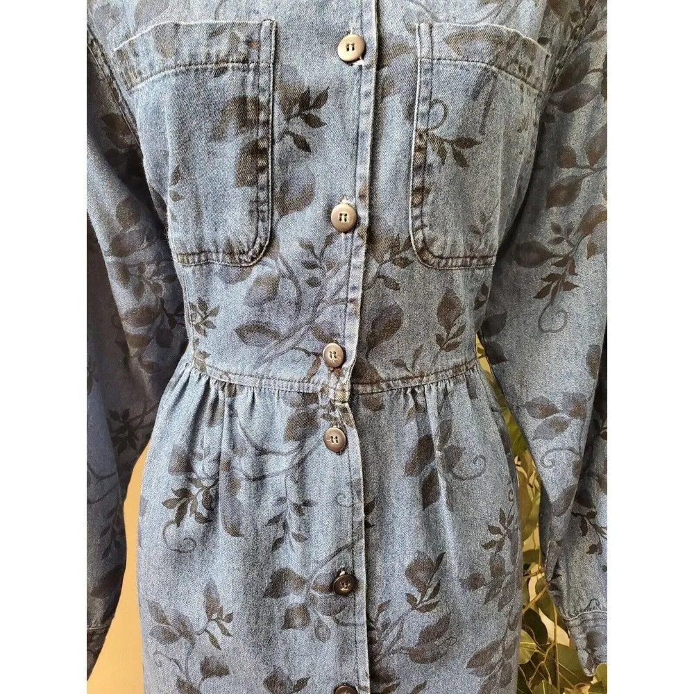 Vintage Women's Blue Floral Polyester Collared Long Sleeve Long Maxi Dress L Size L - Image 3