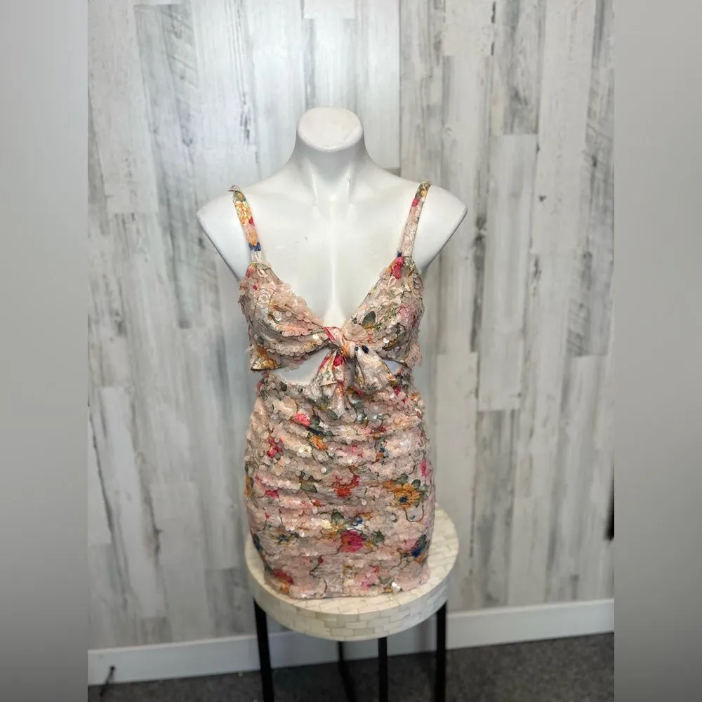 Kira Kira Sequin Floral Bodycon Dress with Front Tie Cutout – Size Large - Image 5