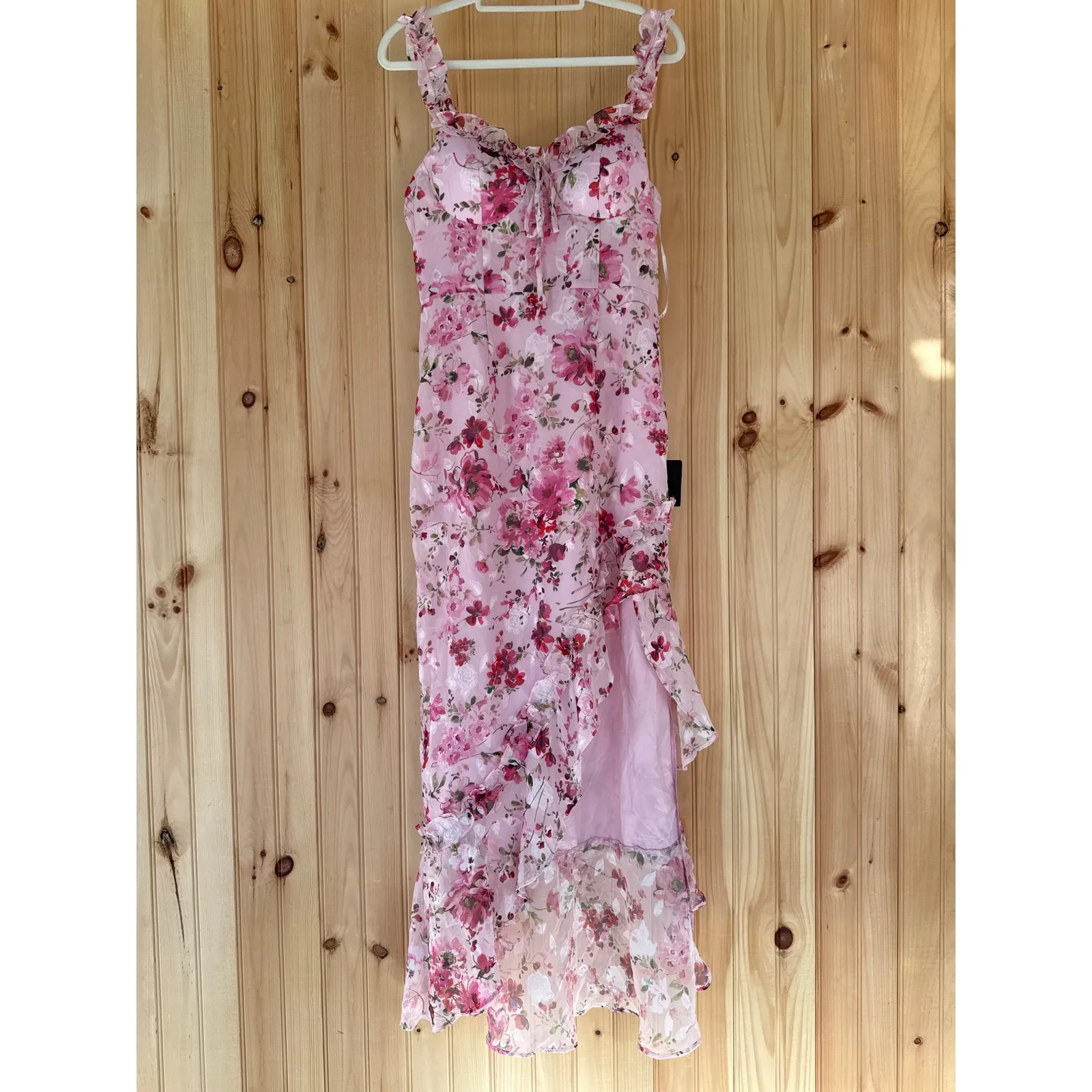 NWT Lulus Lovable Spirit Pink Floral Burnout Ruffled High-Low Maxi Dress Size M - Image 2