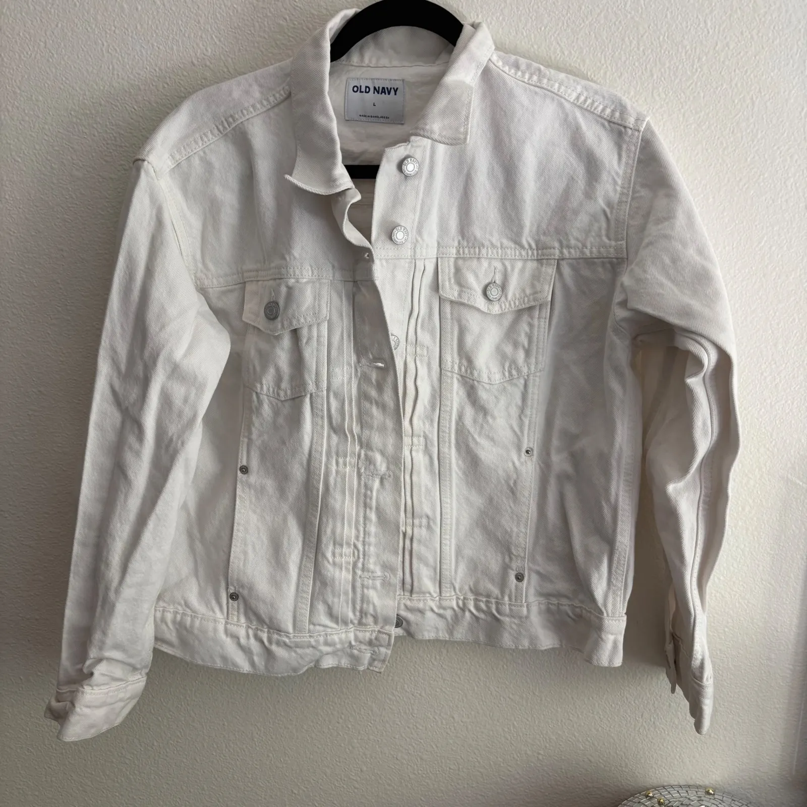 Old Navy‎ White Denim Jacket Womens Size L Button Front Long Sleeve Jean Coat - Image 3
