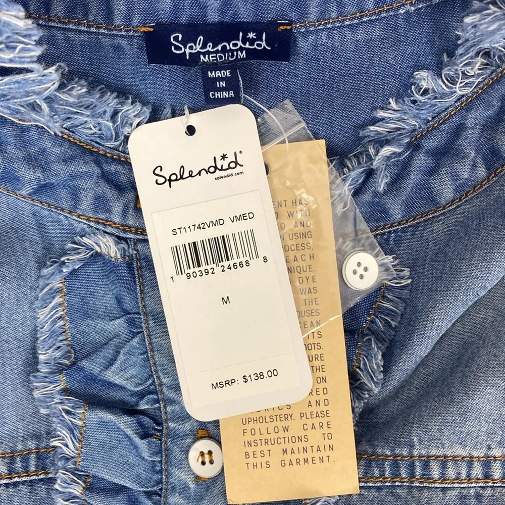 Splendid Blue Chambray Denim Long Sleeve Ruffle Trim Blouse Top NEW M - Image 5