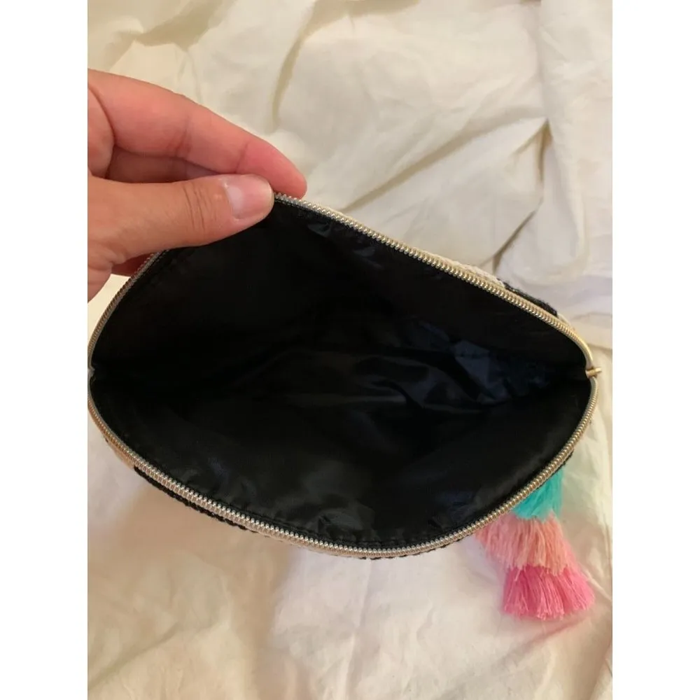 Ecru Cosmetic Essentials Clutch Bag Black Striped Tassels Top Zip Pastel Tassels - Image 6