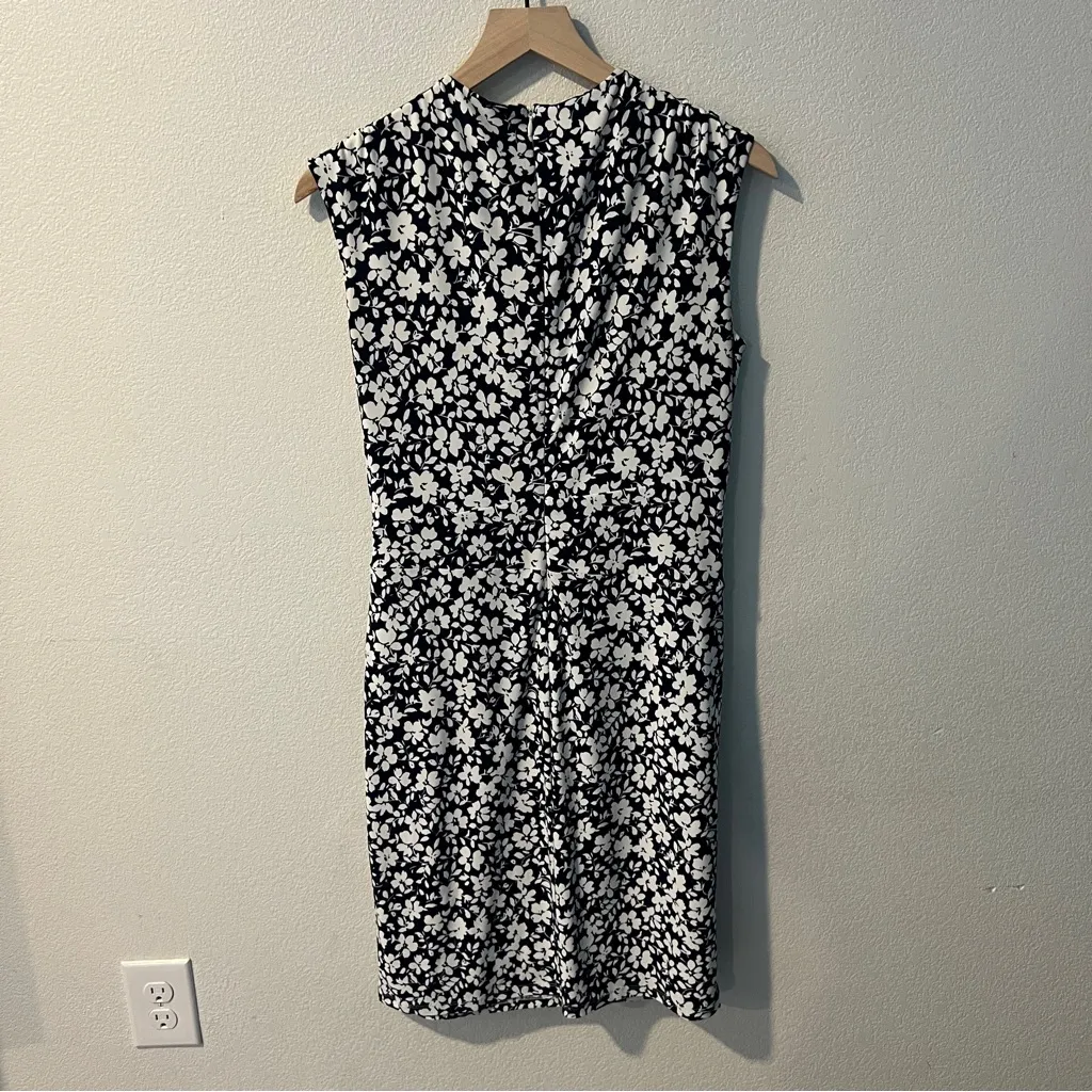 LAUREN Ralph Lauren Navy White Floral Stretch Jersey Knit V Neck Faux Wrap Dress - Image 2