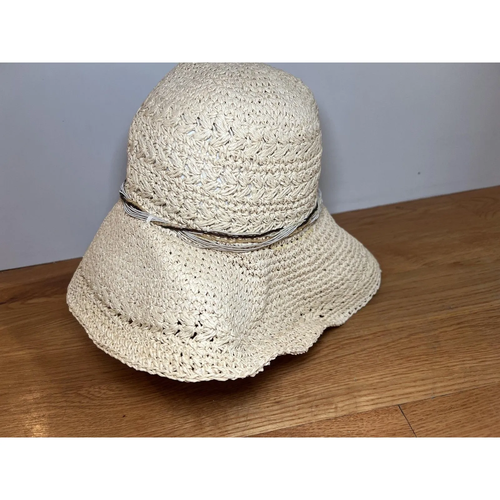 Wide Brim Straw Hat Sun Fitted Womens One Size Beige Floppy Beach Travel Summer - Image 3