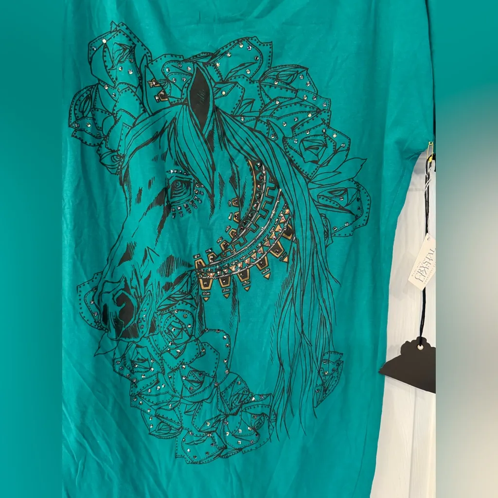 Key Closet Horse Swarovski Studded Short Sleeve Women’s Green Size Small - Image 4
