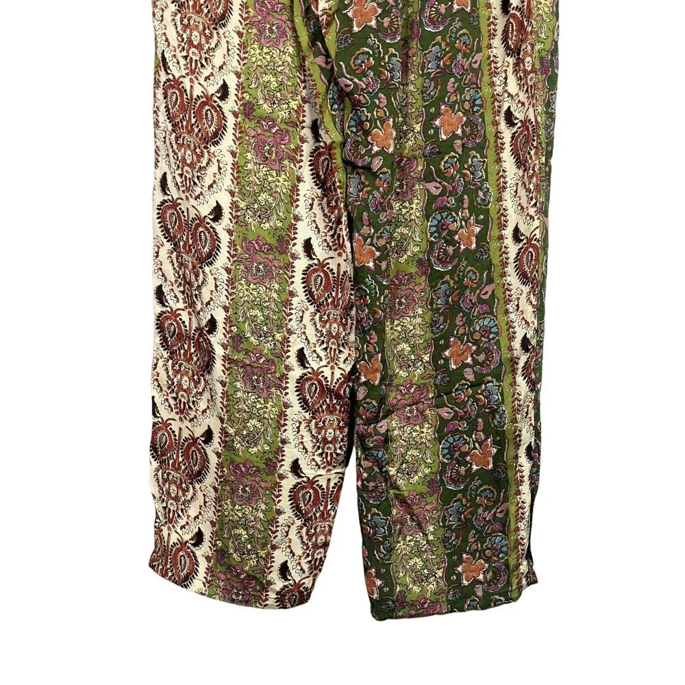 ZARA Paisley Ankle Trouser Satin Pant Tie Front Pockets Straight XS Green Multi - Image 12