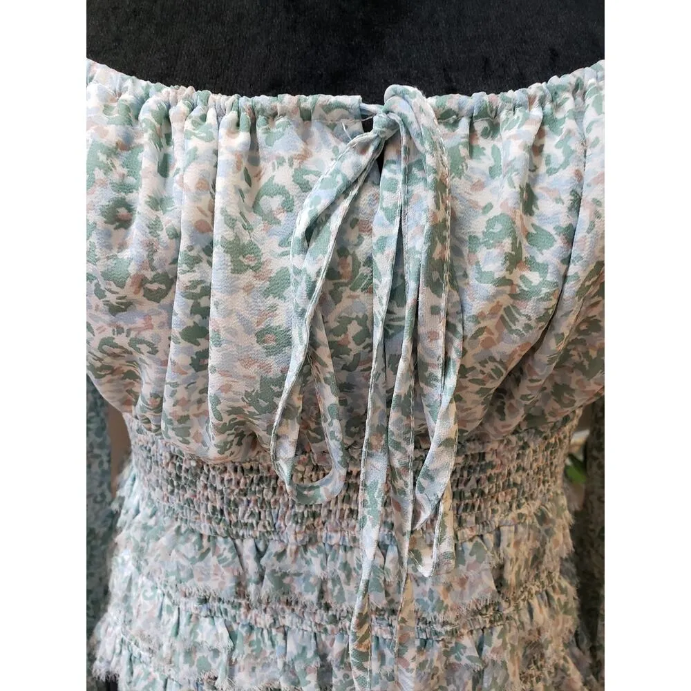 Millibon Blouse Top Womens L Green Floral Ruffled Smocked Tie Front Square Neck Size L - Image 10