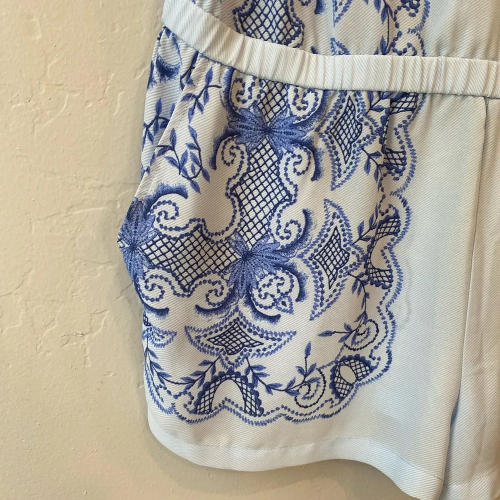 BCBGMaxAzria V-Neck Floral Scarf Print Vance Tie Waist Romper - Light Oasis Blue - Image 9