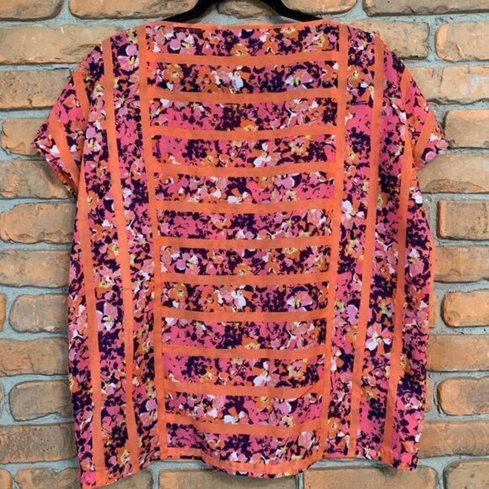 LOFT Ann Taylor Women's Vibrant Floral Print Striped Summer Blouse Pink Orange S - Image 2